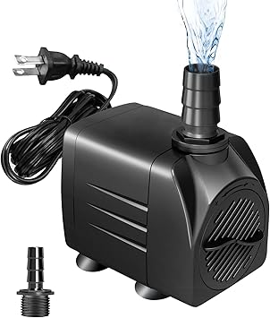 Premium Quiet 220GPH (800L/H) Submersible Pump 15W, Ultra-Quiet Water Fountain Pump with Adjustable Flow, 5.25ft High Lift & 3.9ft Power Cord, Includes 3 Nozzles for Aquarium, Pond, Hydroponics, Statuary - High-Efficiency Aquarium Filter