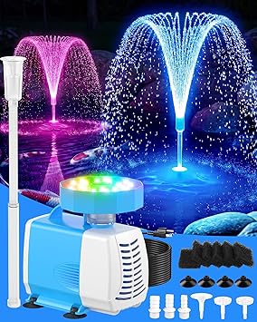 Premium Quiet 3-in-1 Submersible Pump RGB Pond Filter Kits, 2026 Upgraded Pond Filter Fountain with 7 Colorful Lights, Pond Fountain Pump with 3 Spray Modes, 660GPH Submersible Water Pump for Pond, Fish Tank-blue - High-Efficiency Aquarium Filter