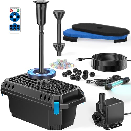 Premium Quiet POPOSOAP Pond Filter with U-V Clarifier, 660GPH 40W Pond Pump and Filter Kit with RGB LED Lights, All-in-One Pond Fountain for Outdoor Ponds Up to 1300 Gallons P2360 - High-Efficiency Aquarium Filter detail