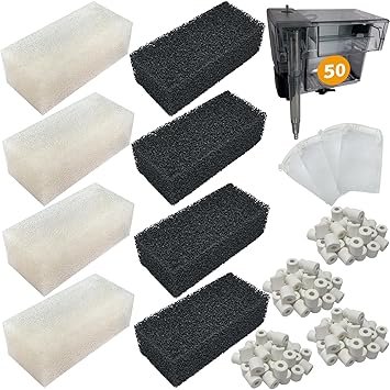Premium Quiet 4 Set of Three-Stage Filtration Tank Filter Maintenance Kit, Replacement for AquaClear 50/200 50-Gallon Power Filter, Fish Tank Filter for 20- to 50-Gallon Aquariums - High-Efficiency Aquarium Filter