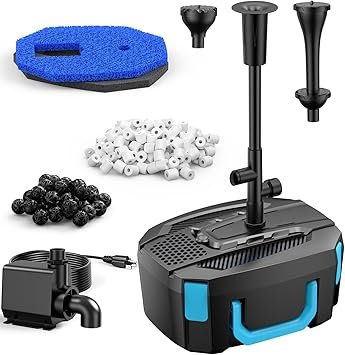 Premium Quiet 850GPH All-in-1 Pond Pump and Filter Kit for Ponds Up to 750 Gallons | High Flow Submersible Fountain Pump for Koi Ponds, Bird Baths & Water Features, 4-Layer Filters with 3 Spray Patterns -No LED - High-Efficiency Aquarium Filter