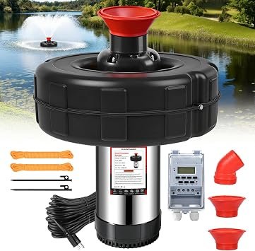 Premium Quiet Pond Fountain Aerator, 1HP 110V 750W 15000 GPH Floating Fountain Pump with 100 FT Power Cord, 2 x 100 FT Rope, Timer, Fully Automatic Powerful Aerating Fountain for Larger Ponds, Lakes - High-Efficiency Aquarium Filter