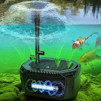 Premium Quiet Pond Filter Fountain Kit with Powerful 18W UV Light for Koi Pond Algae Control, 660 GPH 42W High-Performance Pump Build in for 1500 Gallon Pond, 3 Water Patterns Decoration for Your Pond Landscape - High-Efficiency Aquarium Filter